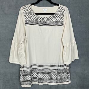 J Jill Top Womens Large Cream Black Embroidered Bell Sleeve Casual Boho Stretch